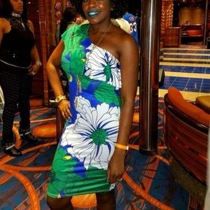 Blue & Green Floral Off the Shoulder Dress. Size medium.